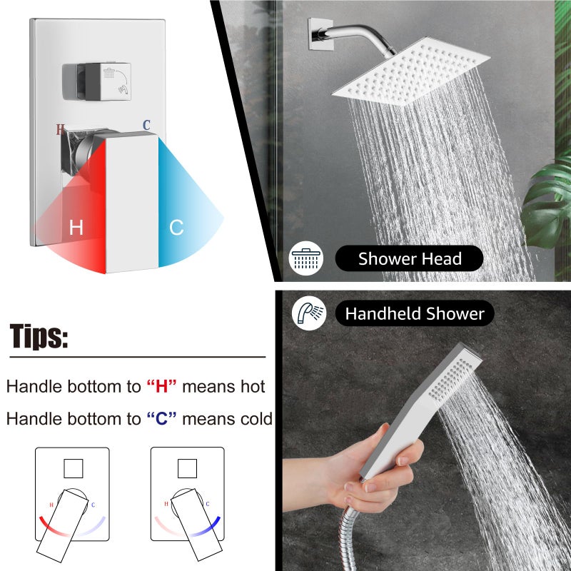 Midanya Shower Faucet Set,Wall Mount Shower System with Square Rain Shower Head and Hand Sprayer, Rough-in Valve Body and Trim Kit Included,8 Inch,Polish Chrome - Image 4